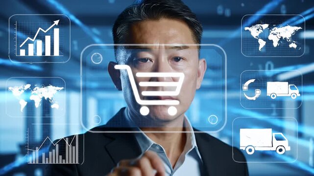 Asian Businessman Touches Virtual Shopping Cart Icon Overlays in Blue Background Futuristic Online Shopping Delivery and Global Business Concept - Powered by Adobe