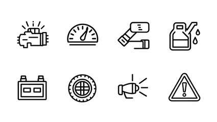 Automotive icons depicting engine, speedometer, jack, oil, battery, tire, horn, and warning sign