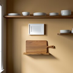 Fototapeta premium A rustic wooden cutting board with a handle rests on a shelf below a small white framed picture and above a row of ceramic bowls on a wooden shelf against a warm toned wall