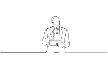 Continuous one line drawing of businessman thinking with his hand on his chin,  Man pose thinking in single line draw illustration, Editable stroke.