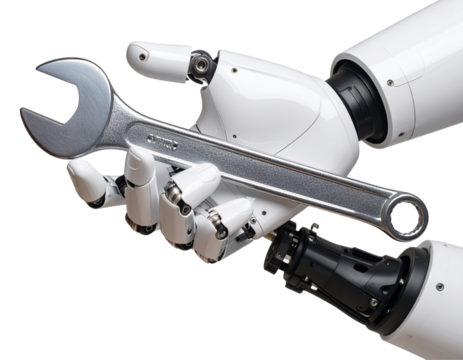 3D Rendered Robot Arm Holding Wrench, Side View, Transparent Background