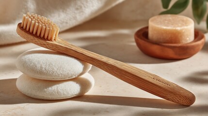 Sustainable bamboo toothbrush on light beige surface