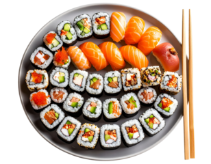  Plate of Sushi Rolls with Chopsticks, Isometric View, Transparent Background