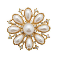 Pearl and rhinestone flower brooch in gold isolated on transparent background