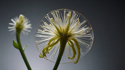 Close-up of a unique flower with radiating white filaments and green tendrils, showcasing its intricate structure against a blurred grey background, and a bud on the left.