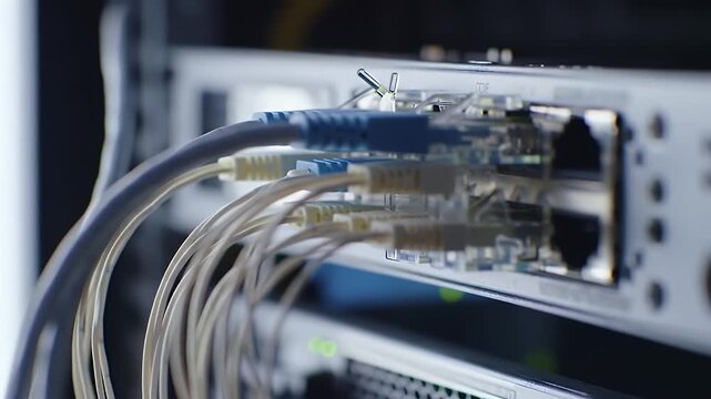 Close Up of Network Cables Connected to a Server with White Cables and Blue Connectors for Data Transfer Communication and Digital Infrastructure