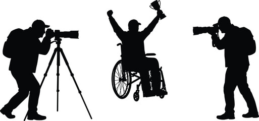 Disabled man celebrating with trophy, wheelchair winner, photographers capturing victory moment, disability success, sports achievement, media coverage, inspiration, empowerment