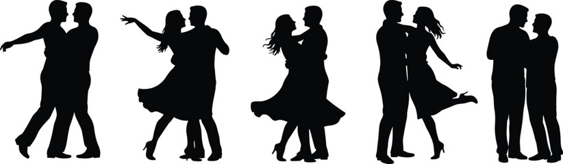 ilhouettes of dancing couples, romantic dance pose, partner performance, joyful movement, ballroom style, vector illustration, isolated on white
