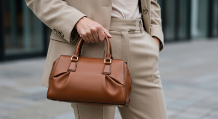 Elegant woman carries a brown leather handbag complementing her tailored beige suit ensemble.