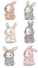 Cute cartoon rabbits in hooded sweatshirts, various pastel colors