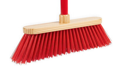 Red broom for cleaning, household tool isolated on transparent background