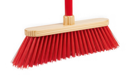 Red broom for cleaning, household tool isolated on transparent background