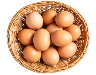  Top View of Brown Eggs Arranged in Wicker Basket Isolated on Transparent Background PNG