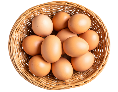  Top View of Brown Eggs Arranged in Wicker Basket Isolated on Transparent Background PNG - Powered by Adobe