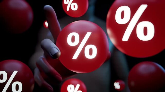 Floating Red Percentage Symbols with a Blurry Figure on a Dark Background Indicating Sales and Discounts, Focus on Foreground Elements for Digital Marketing