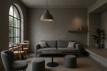 Fototapeta premium Modern Gray Tone Café Interior with Minimalist Design Elements