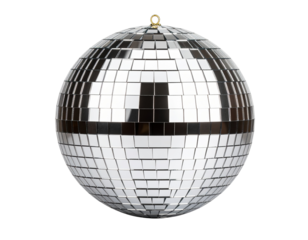 Front View of Shiny Disco Ball with Reflective Mirror Tiles, Transparent Background