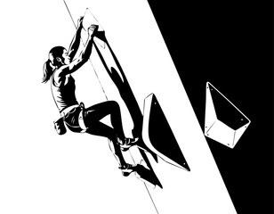 Minimalist black and white lineart illustration of a woman rock climbing © FALLINDESIGN