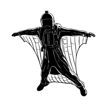 Minimalist black and white lineart illustration of a person in a wingsuit