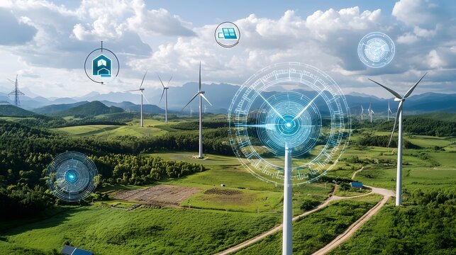 Futuristic control hub managing a smart power grid optimizing the distribution of renewable energy from solar wind and hydroelectric sources to urban and industrial areas