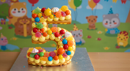 Obraz premium Delightful Fifth Birthday A Number Five Cake Adorned with Colorful Candies and Festive Decorations