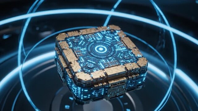 Close-up of a futuristic quantum computer chip on intricate gold and silver hardware, glowing with blue light, representing advanced technology, innovation, and future computing breakthroughs.