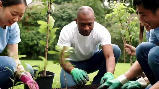 Diverse group planting trees in a garden