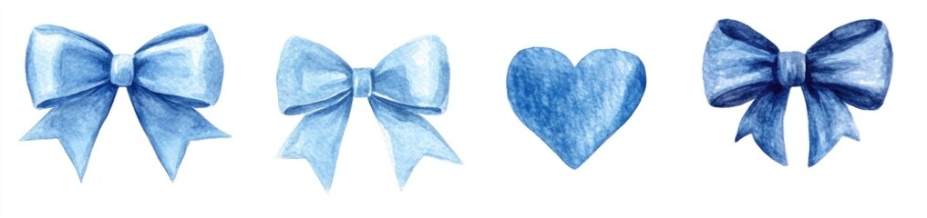 Fototapeta premium Four light-blue watercolor bows and a heart