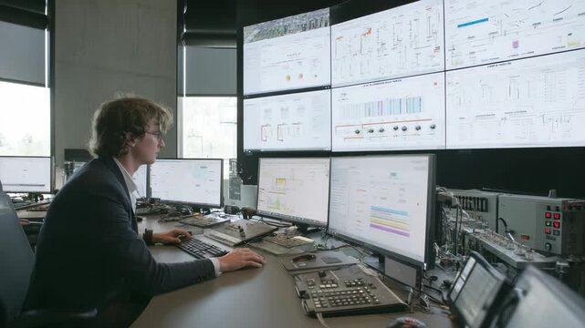 Person working at a control room with many computer screens
