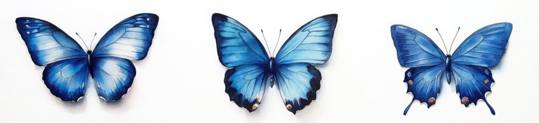 Fototapeta premium Three vibrant blue butterflies on a white background