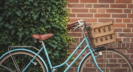 Vintage Bicycle Leaning Against Brick Wall with Ivy Accents