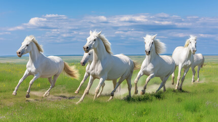 Obraz premium White Horses Galloping on the Green Field under Blue Sky 