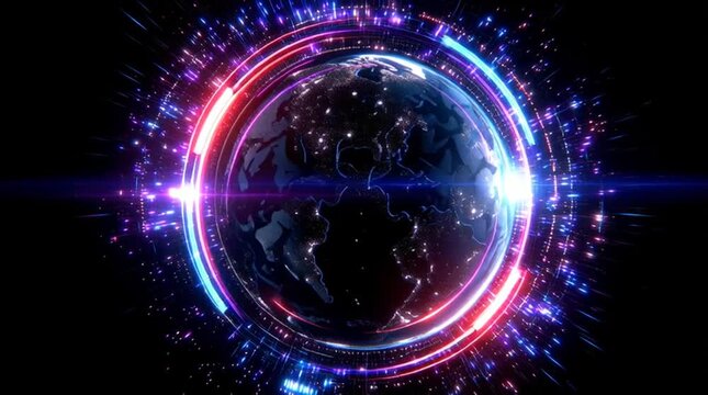 animated neon circular audio ring, expanding and contracting with sound, hovering in front of Earth from space, glowing 3D sphere core, vibrant tech colors