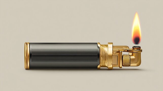 Lit brass and dark-bodied lighter, on its side against a beige backdrop - Powered by Adobe