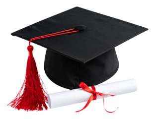 Graduation Cap with Diploma Scroll, Flat Lay Top View, Transparent Background