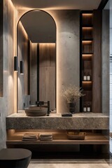 Modern bathroom featuring gray stone countertop, arch mirror, wood accents, and soft lighting