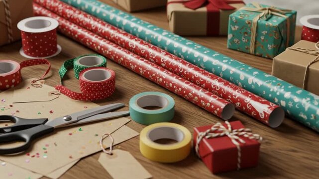 Holiday Wrapping Supplies on Wooden Table