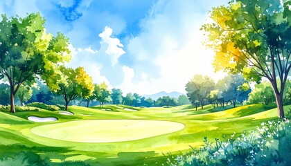 Serene watercolor illustration of a sunlit golf course surrounded by lush greenery and a bright blue sky