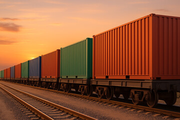 Fototapeta premium Colorful Cargo Containers on Train Tracks at Sunset, Transportation Logistics
