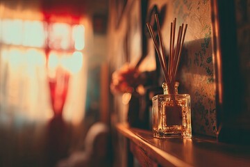 Aromatic reed diffuser on a wooden shelf, warm interior