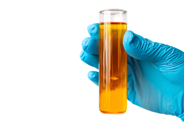 Close up of a hand in a blue glove holding a test tube with amber liquid.