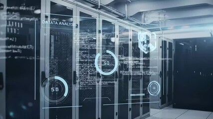 Server racks with overlaid data analysis visualizations - Powered by Adobe