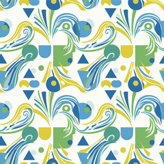 Vibrant seamless abstract pattern with flowing organic shapes, stylized faces, and geometric elements in blue, green, and yellow on white.