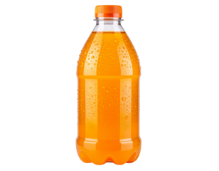 Transparent PET plastic bottle filled with bright orange soft drink, front view isolated on transparent background PNG