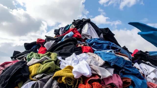 A mountain of discarded, colorful clothes under a blue sky with a blue fabric flying, depicting textile waste, fast fashion, overconsumption, and the global environmental impact.