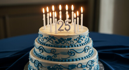 Celebrating 25 Years A Tiered Cake Adorned with Candles for a Special Anniversary