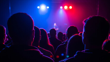 Naklejka premium Enraptured Audience: Silhouetted Spectators Under Neon Concert Lighting