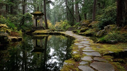 Tranquil Japanese-style garden path reflecting in pond