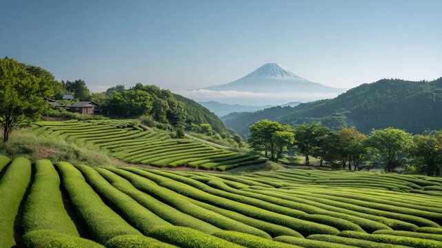 日本の茶畑と山の風景