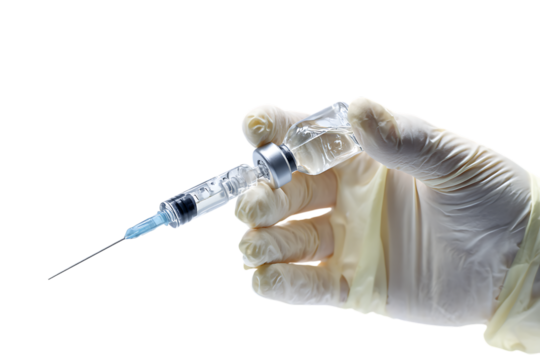 Close up of a hand in a glove holding a syringe with vaccine.